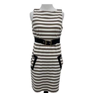 Moschino Size 10 Tam cream stripe Sheath Dress Black Belt Pockets Womens Cotton
